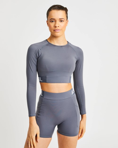 AYBL Allenamento Long Sleeve Crop Top Grigie | SBDMP-1267