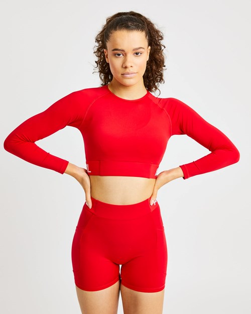 AYBL Allenamento Long Sleeve Crop Top Rosse | ONQYH-0137