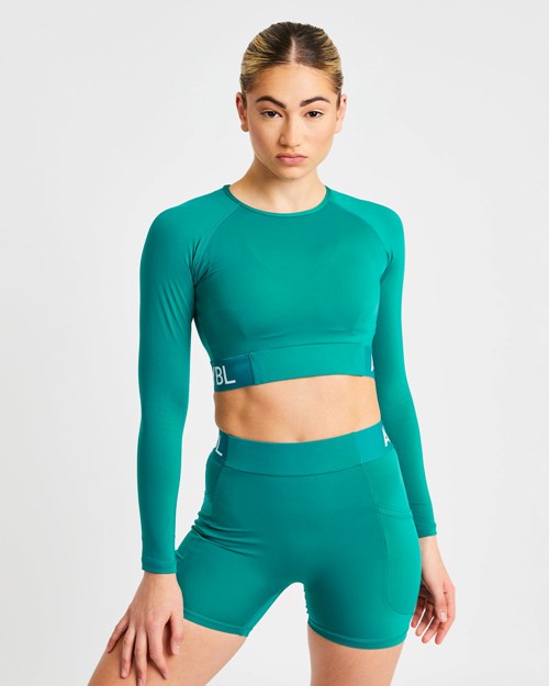 AYBL Allenamento Long Sleeve Crop Top Teal | QSDEN-9265