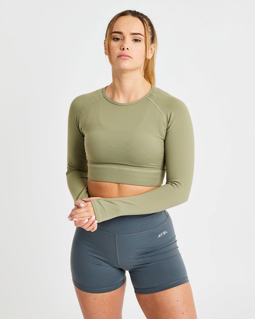 AYBL Core Long Sleeve Crop Top Verde Oliva | NJYOH-7986