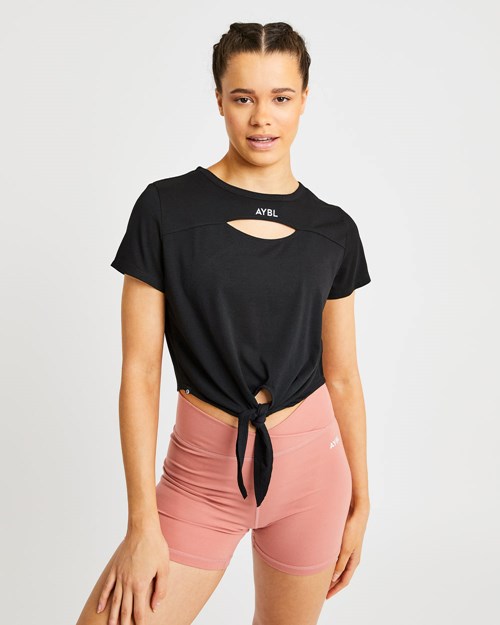 AYBL Essence Tie Front T Shirt Nere | UYMAI-8031