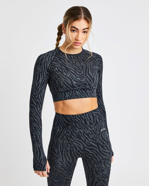 AYBL Evolve Animal Seamless Long Sleeve Crop Top Nere | DCBAZ-2981
