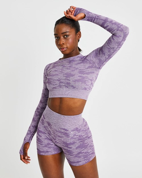 AYBL Evolve Camo Seamless Long Sleeve Crop Top Plum | BHTJS-2045