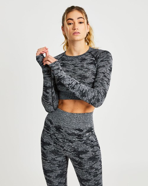 AYBL Evolve Camo Seamless Long Sleeve Crop Top Nere | DLTEZ-2358
