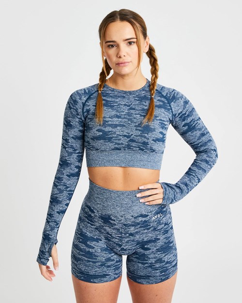 AYBL Evolve Camo Seamless Long Sleeve Crop Top Teal | LNXDQ-9760