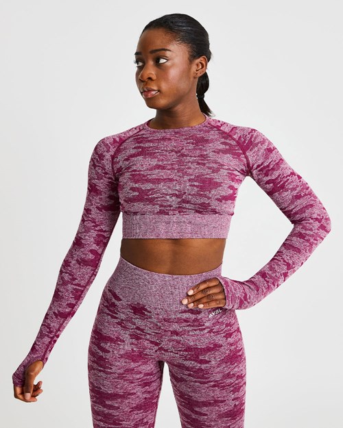 AYBL Evolve Camo Seamless Long Sleeve Crop Top Bordeaux | WCGXO-4852