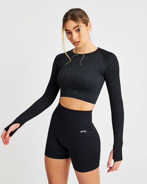 AYBL Evolve Speckle Seamless Long Sleeve Crop Top Nere | RSKBO-2698
