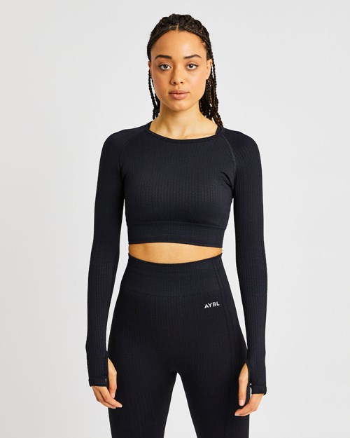 AYBL Luxe Seamless Long Sleeve Crop Top Nere | IKVWA-1734