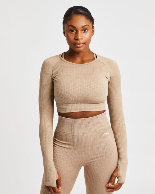 AYBL Luxe Seamless Long Sleeve Crop Top Mocha | SEPYK-2164