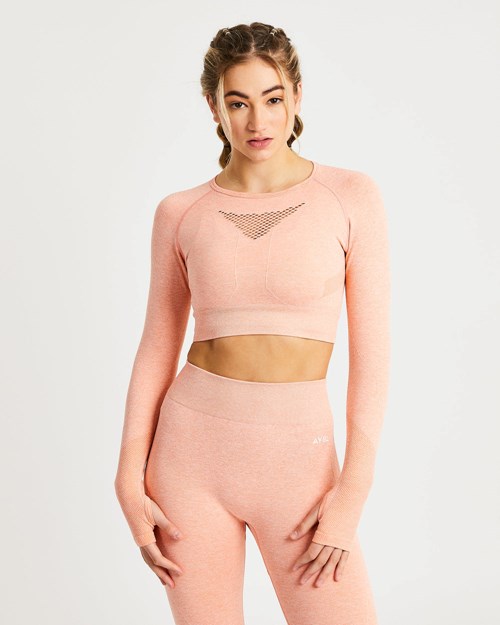 AYBL Motion Seamless Long Sleeve Crop Top Peach Marl | GAOYH-2038