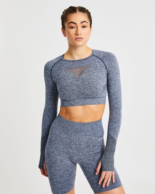 AYBL Motion Seamless Long Sleeve Crop Top Blu Marino | QELZX-2750