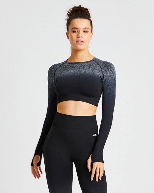 AYBL Pulse Ombré Seamless Long Sleeve Crop Top Black/Grey | CVOEP-7813