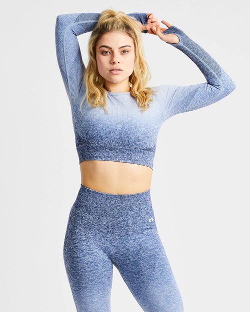 AYBL Pulse Ombré Seamless Long Sleeve Crop Top Blu Marino | GLAIP-5270