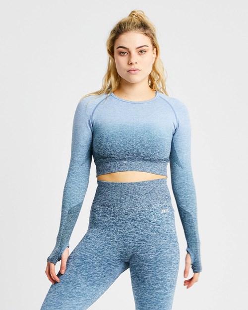 AYBL Pulse Ombré Seamless Long Sleeve Crop Top Teal | RUYMO-0924