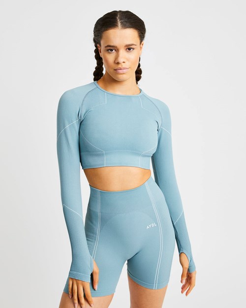 AYBL Reflex Seamless Long Sleeve Crop Top Teal | RBKCH-6042
