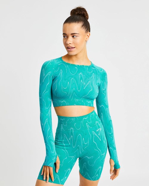 AYBL Velocity Seamless Long Sleeve Crop Top Verde Acqua | AJHUN-2387