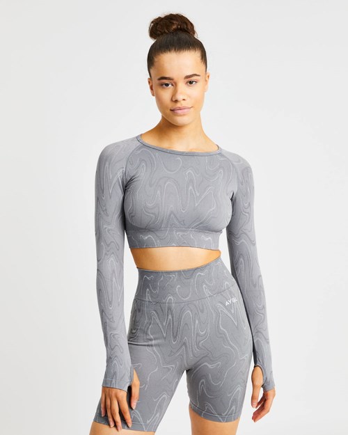 AYBL Velocity Seamless Long Sleeve Crop Top Grigie | HEAUN-2876